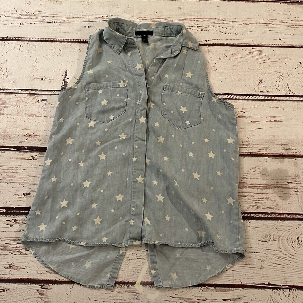 Aqua Star‎ Print Chambray Sleeveless Top Blue Size Medium Women's